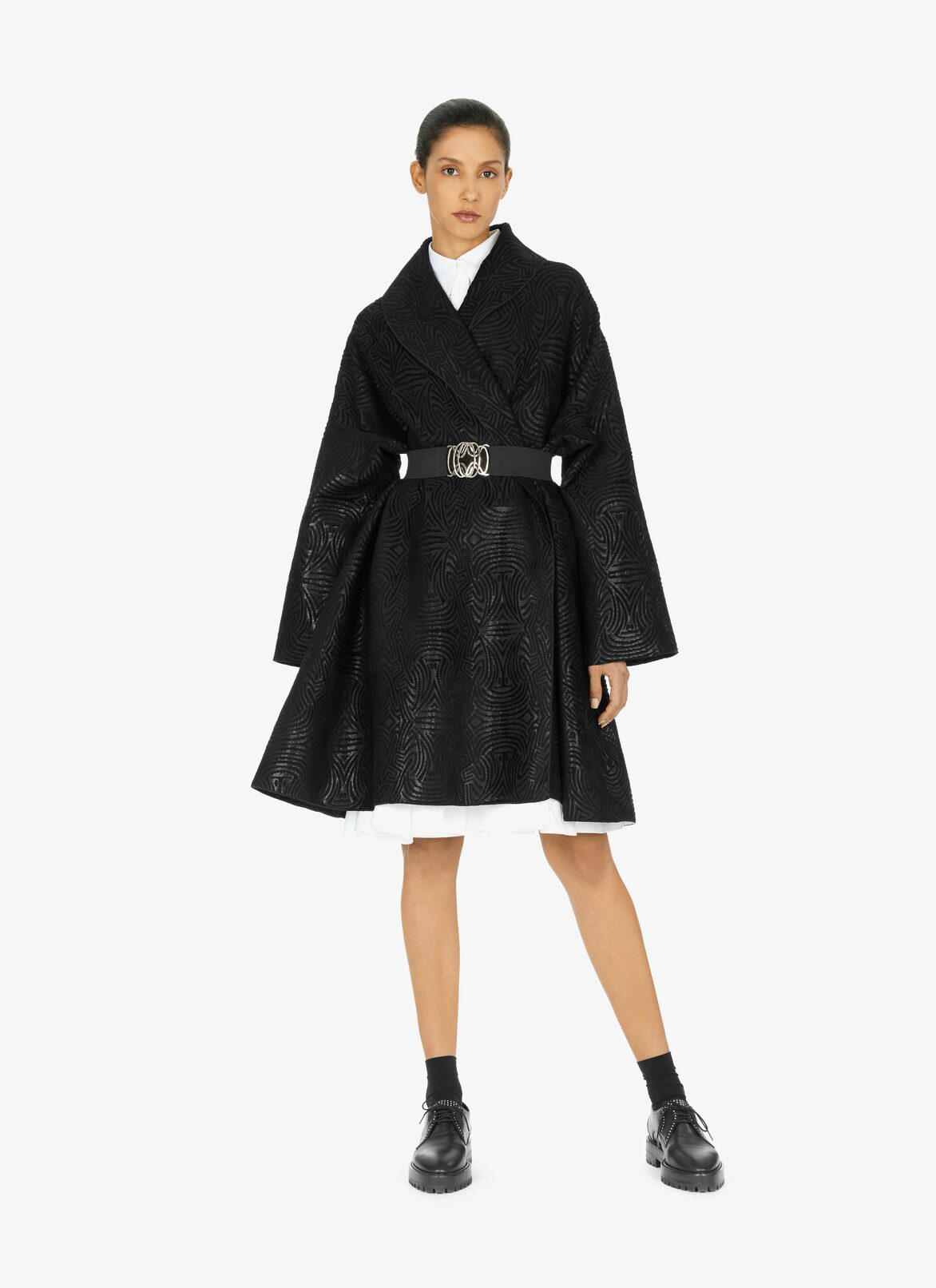 Oversize-Jacquard-Mantel aus Wolljersey ALAÏA SCHWARZ/GLÄNZEND SCHWARZ OVERSIZE-JACQUARD-MANTEL AUS WOLLJERSEY